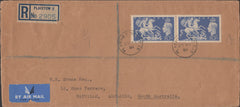 141246 1951 LARGER ENVELOPE REGISTERED AIR MAIL PLAISTOW, EAST LONDON TO ADELAIDE, SOUTH AUSTRALIA WITH PAIR 10S ULTRAMARINE (SG511).