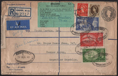 141248 1955 8½D GREY QEII REGISTERED ENVELOPE LONDON TO BUENOS AIRES WITH KGVI 2/6 YELLOW-GREEN  (SG509), 5S RED (SG510) AND 10S ULTRAMARINE (SG511).