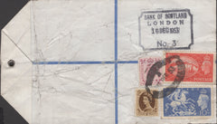141249 1953 'HVP' REGISTERED EXPRESS PARCEL TAG LONDON TO EDINBURGH WITH KGVI 5S RED (SG510) AND 10S ULTRAMARINE (SG511).