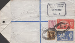 141250 1953 'HVP' REGISTERED EXPRESS PARCEL TAG LONDON TO EDINBURGH WITH KGVI 5S RED (SG510) AND 10S ULTRAMARINE (SG511).