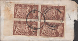 141251  1953 CLOTH BANKERS TAG SENT AIR MAIL LONDON TO AUCKLAND, NEW ZEALAND WITH BLOCK OF FOUR KGVI £1 BROWN (SG512).