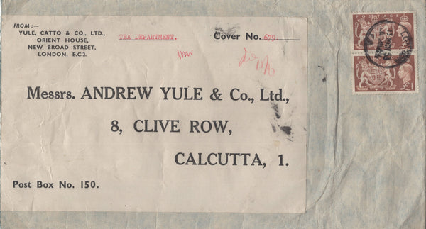 141252 1953 LARGE ENVELOPE LONDON TO CALCUTTA, INDIA WITH PAIR KGVI £1 BROWN (SG512).