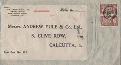 141252 1953 LARGE ENVELOPE LONDON TO CALCUTTA, INDIA WITH PAIR KGVI £1 BROWN (SG512).
