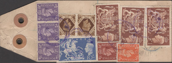 141253 1952 'On His Britannic Majesty's Service' PARCEL TAG SENT REGISTERED MAIL LONDON TO PARIS WITH KGVI ISSUES INCLUDING 10S ULTRAMARINE (SG511) AND £1 BROWN (SG512) X 3.