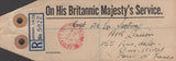 141253 1952 'On His Britannic Majesty's Service' PARCEL TAG SENT REGISTERED MAIL LONDON TO PARIS WITH KGVI ISSUES INCLUDING 10S ULTRAMARINE (SG511) AND £1 BROWN (SG512) X 3.