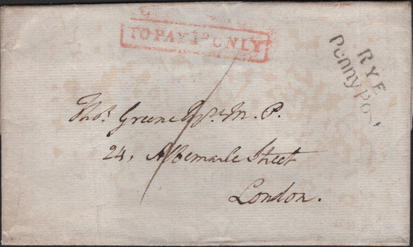 141254 1828 FREE MAIL RYE, SUSSEX TO LONDON WITH 'RYE/Penny Post' HAND STAMP (SX1073).