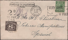 141256 1934 UNDERPAID MAIL COLCHESTER TO IPSWICH WITH INSTRUCTIONAL MARKS AND 2D POSTAGE DUE.