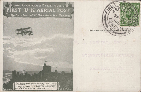 141265 1911 FIRST U.K.  AERIAL POST LONDON POSTCARD REPRINT IN OLIVE GREEN FROM LONDON TO FALKIRK.