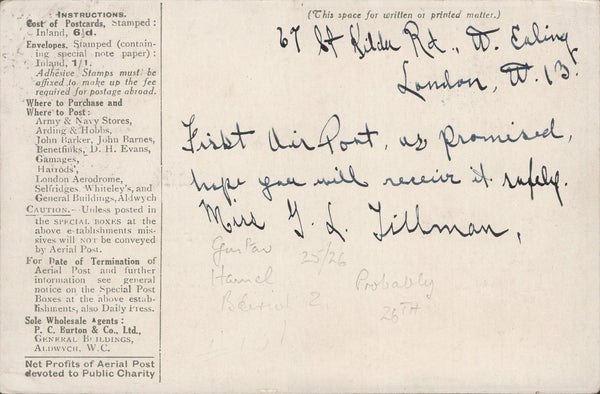 141265 1911 FIRST U.K.  AERIAL POST LONDON POSTCARD REPRINT IN OLIVE GREEN FROM LONDON TO FALKIRK.
