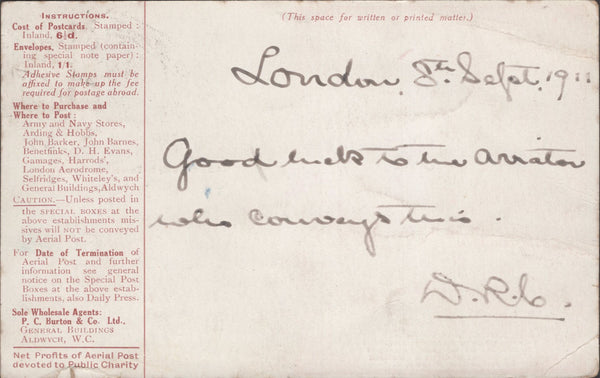 141266 1911 FIRST U.K. AERIAL POST LONDON POSTCARD IN RED-BROWN TO TOWER OF LETHENDEY,  PERTHSHIRE.