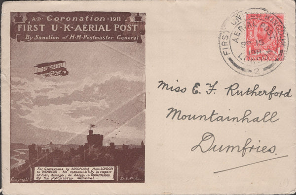 141268  1911 FIRST U.K. AERIAL POST LONDON EMERGENCY ENVELOPE IN DARK BROWN LONDON TO DUMFRIES.
