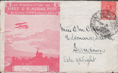 141271 1911 FIRST U.K. AERIAL POST LONDON ENVELOPE IN RED TO ISLE OF WIGHT.