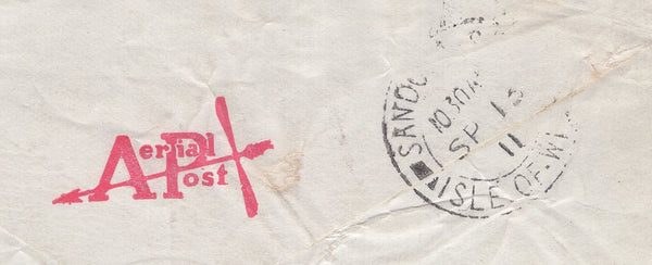 141271 1911 FIRST U.K. AERIAL POST LONDON ENVELOPE IN RED TO ISLE OF WIGHT.