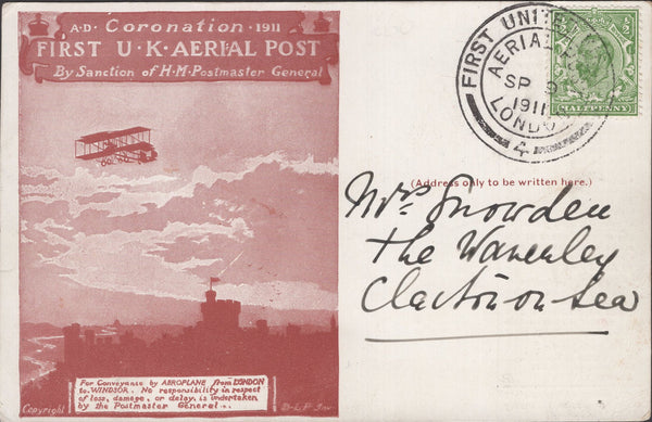 141272 1911 FIRST U.K. AERIAL POST LONDON POSTCARD IN RED-BROWN TO CLACTON ON SEA.