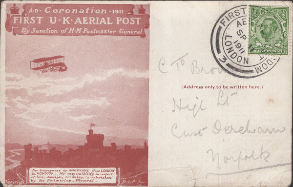 141273 1911 FIRST U.K. AERIAL POST LONDON POSTCARD RED-BROWN TO EAST DEREHAM, NORFOLK.