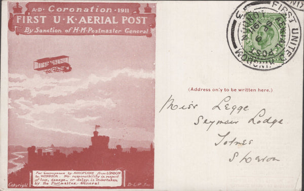 141274 1911 FIRST U.K. AERIAL POST LONDON POSTCARD IN RED-BROWN TO TOTNES, DEVON.