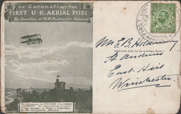141276 1911 FIRST U.K. AERIAL POST LONDON POSTCARD IN OLIVE GREEN TO WINCHESTER,  HANTS.