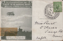 141278 1911 FIRST U.K. AERIAL POST LONDON POSTCARD IN OLIVE-GREEN TO CROMER, NORFOLK.