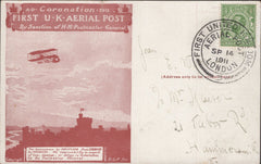 141279 1911 FIRST U.K. AERIAL POST LONDON POSTCARD IN RED-BROWN TO HAMMERSMITH.