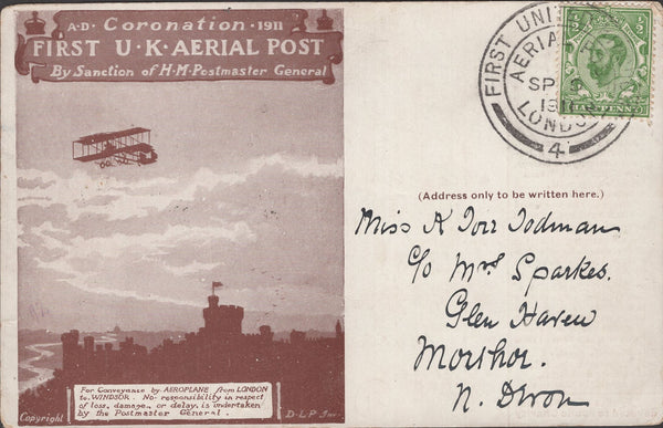 141280  1911 FIRST U.K. AERIAL POST LONDON POSTCARD IN BROWN TO MORTEHOE, NORTH DEVON..