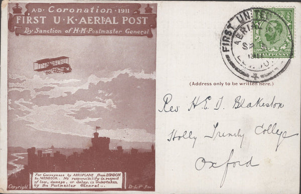 141282 1911 FIRST U.K. AERIAL POST LONDON POSTCARD IN BROWN TO TRINITY COLLEGE, OXFORD WITH 'SCHWEPPES'  ADVERT ON REVERSE.