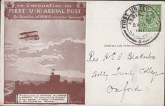 141282 1911 FIRST U.K. AERIAL POST LONDON POSTCARD IN BROWN TO TRINITY COLLEGE, OXFORD WITH 'SCHWEPPES'  ADVERT ON REVERSE.