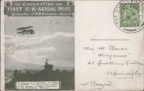 141283 1911 FIRST U.K. AERIAL POST LONDON POSTCARD IN OLIVE-GREEN TO UPMINSTER, ESSEX.