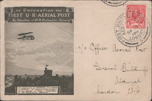 141284 1911 FIRST U.K. AERIAL POST LONDON EMERGENCY ENVELOPE IN OLIVE-GREEN, WITH INSERT, TO THE AERIAL POST OFFICES IN ALDWYCH.