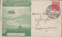 141285 1911 FIRST U.K. AERIAL POST COLOUR TRIAL OR PROOF IN PALE YELLOW-GREEN ENVELOPE POSTALLY USED FROM WINDSOR TO UPPINGHAM.