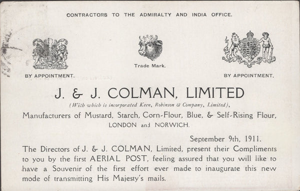 141286 1911 FIRST U.K. AERIAL POST LONDON POSTCARD IN BROWN TO ABERDEEN WITH 'J. AND J. COLMAN LIMITED ADVERT.