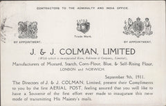 141286 1911 FIRST U.K. AERIAL POST LONDON POSTCARD IN BROWN TO ABERDEEN WITH 'J. AND J. COLMAN LIMITED ADVERT.