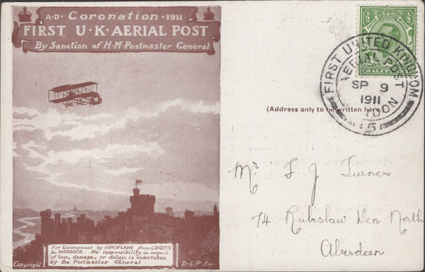 141286 1911 FIRST U.K. AERIAL POST LONDON POSTCARD IN BROWN TO ABERDEEN WITH 'J. AND J. COLMAN LIMITED ADVERT.