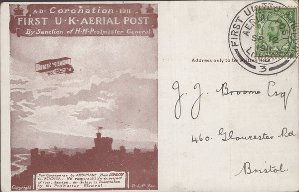 141288 1911 FIRST U.K. AERIAL POST LONDON POSTCARD REPRINT IN BROWN TO BRISTOL.