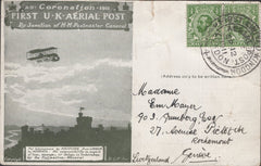 141289 1911 FIRST U.K. AERIAL POST LONDON POSTCARD IN OLIVE-GREEN TO SWITZERLAND.