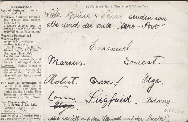 141289 1911 FIRST U.K. AERIAL POST LONDON POSTCARD IN OLIVE-GREEN TO SWITZERLAND.
