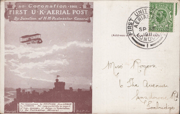 141290 1911 FIRST U.K. AERIAL POST  LONDON POSTCARD REPRINT IN BROWN TO TONBRIDGE.