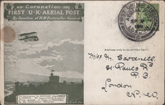 141291 1911 FIRST U.K. AERIAL POST LONDON POSTCARD IN OLIVE-GREEN TO LONDON.