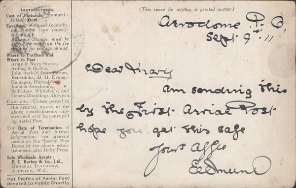 141291 1911 FIRST U.K. AERIAL POST LONDON POSTCARD IN OLIVE-GREEN TO LONDON.