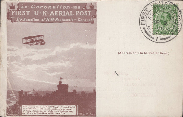 141292 1911 FIRST U.K. AERIAL POST LONDON POSTCARD IN BROWN TO A CHEMIST IN SOUTHSEA WITH  'PRIZES FOR CHEMISTS/WRIGHT'S COAL TAR SOAP' ADVERT.