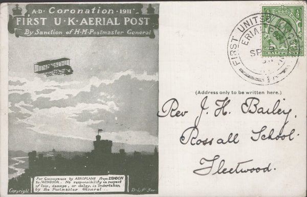 141293 1911 FIRST U.K. AERIAL POST LONDON POSTCARD IN OLIVE-GREEN TO FLEETWOOD WITH 'THE FINANCIAL  OUTLOOK' ADVERT