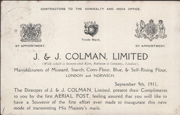 141294 1911 FIRST U.K. AERIAL POST LONDON POSTCARD IN BROWN TO BECKENHAM, KENT WITH 'J. AND J. COLMAN' ADVERT. '