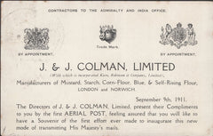 141294 1911 FIRST U.K. AERIAL POST LONDON POSTCARD IN BROWN TO BECKENHAM, KENT WITH 'J. AND J. COLMAN' ADVERT. '