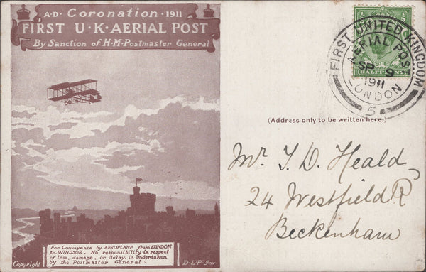 141294 1911 FIRST U.K. AERIAL POST LONDON POSTCARD IN BROWN TO BECKENHAM, KENT WITH 'J. AND J. COLMAN' ADVERT. '
