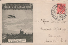 141295 1911 FIRST U.K. AERIAL POST LONDON EMERGENCY ENVELOPE IN OLIVE-GREEN TO THE OFFICES OF THE AERIAL POST, ALDWYCH, LONDON.
