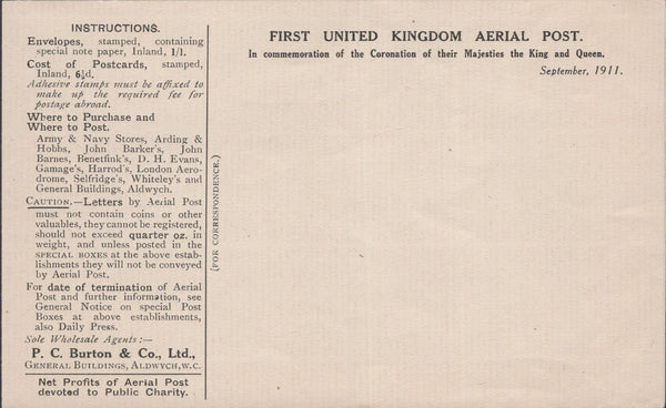 141295 1911 FIRST U.K. AERIAL POST LONDON EMERGENCY ENVELOPE IN OLIVE-GREEN TO THE OFFICES OF THE AERIAL POST, ALDWYCH, LONDON.