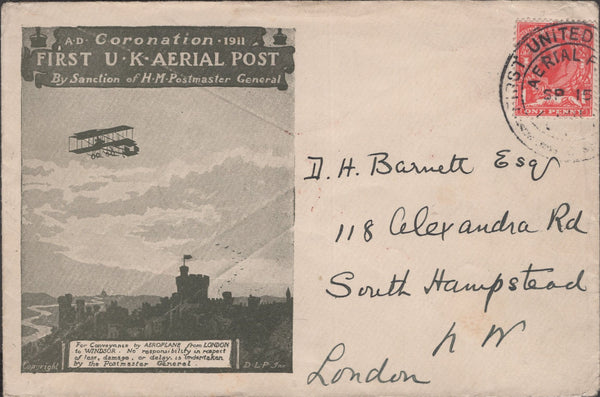 141296 1911 FIRST U.K. AERIAL POST LONDON EMERGENCY ENVELOPE IN OLIVE-GREEN TO SOUTH HAMPSTEAD.