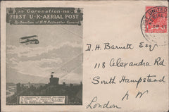 141296 1911 FIRST U.K. AERIAL POST LONDON EMERGENCY ENVELOPE IN OLIVE-GREEN TO SOUTH HAMPSTEAD.