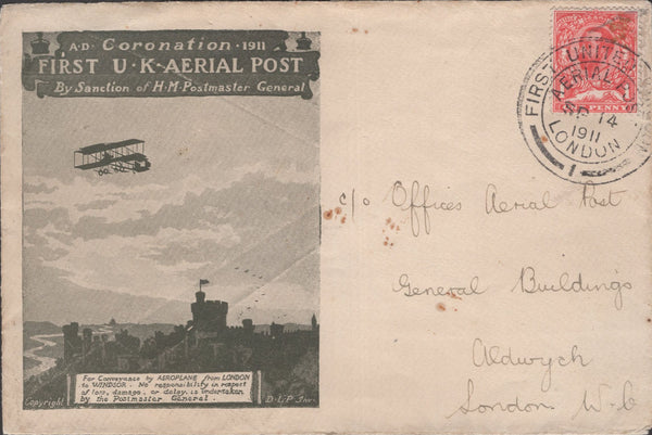 141299 1911 FIRST U.K. AERIAL POST LONDON EMERGENCY ENVELOPE IN OLIVE-GREEN TO OFFICES OF THE AERIAL POST, ALDWYCH, LONDON.
