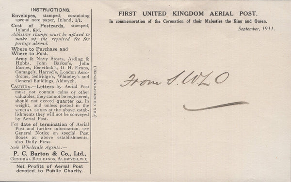 141299 1911 FIRST U.K. AERIAL POST LONDON EMERGENCY ENVELOPE IN OLIVE-GREEN TO OFFICES OF THE AERIAL POST, ALDWYCH, LONDON.