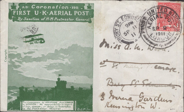 141300 1911 FIRST U.K. AERIAL POST LONDON ENVELOPE IN BRIGHT GREEN TO BURY ST EDMUNDS, REDIRECTED TO KENSINGTON.